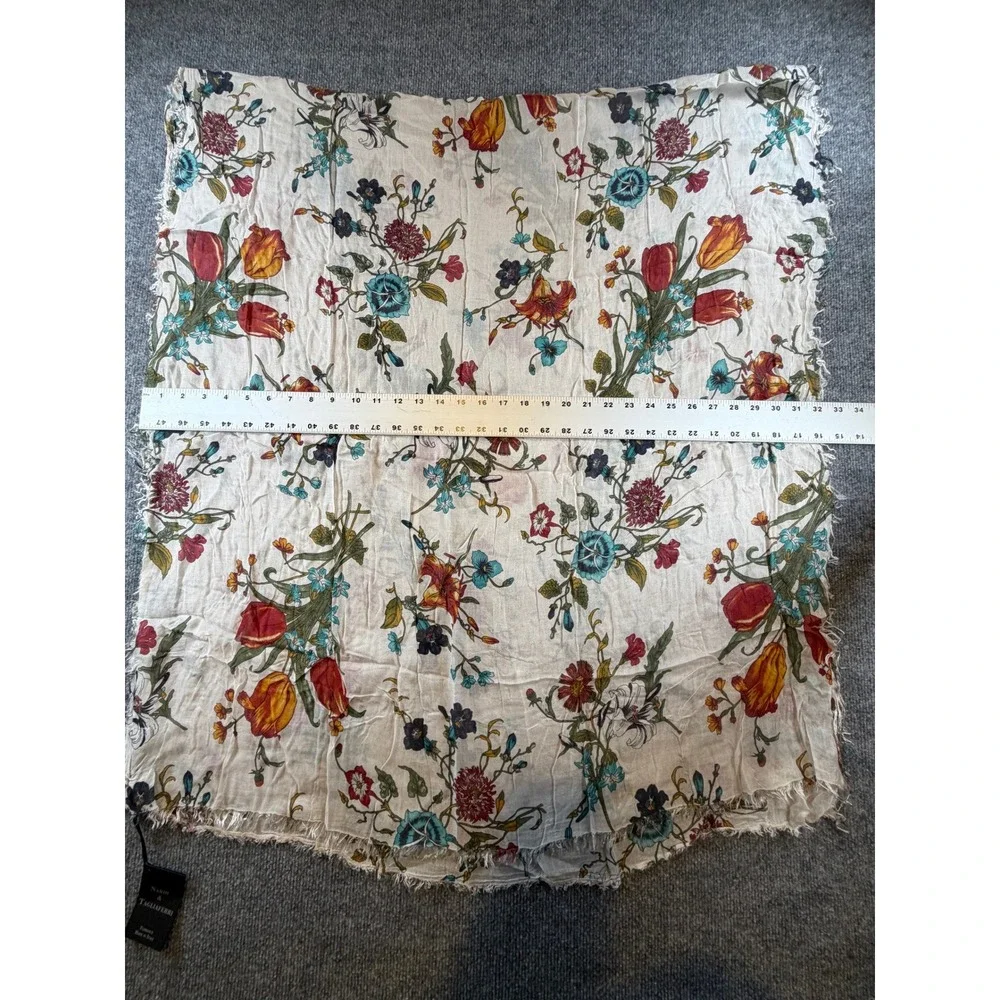 Nardi & Tagliaferri Italy Floral Scarf 100% Micromodal Cream Red Blue Fringe